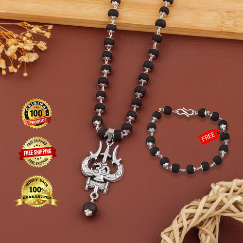German Silver Karungali Mala with Trishul Pendant – Buy 1 Get 1 Free, includes lab-certified 7mm 54-bead bracelet, MahadevPujaStore.in